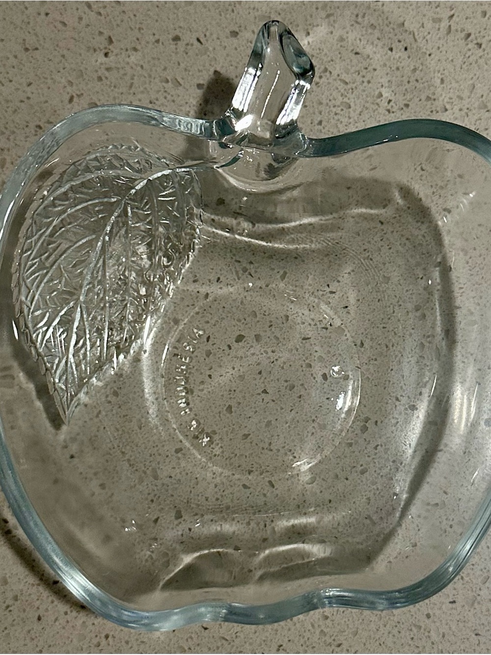 Clear Glass Apple Shaped Bowl with Leaf Accent